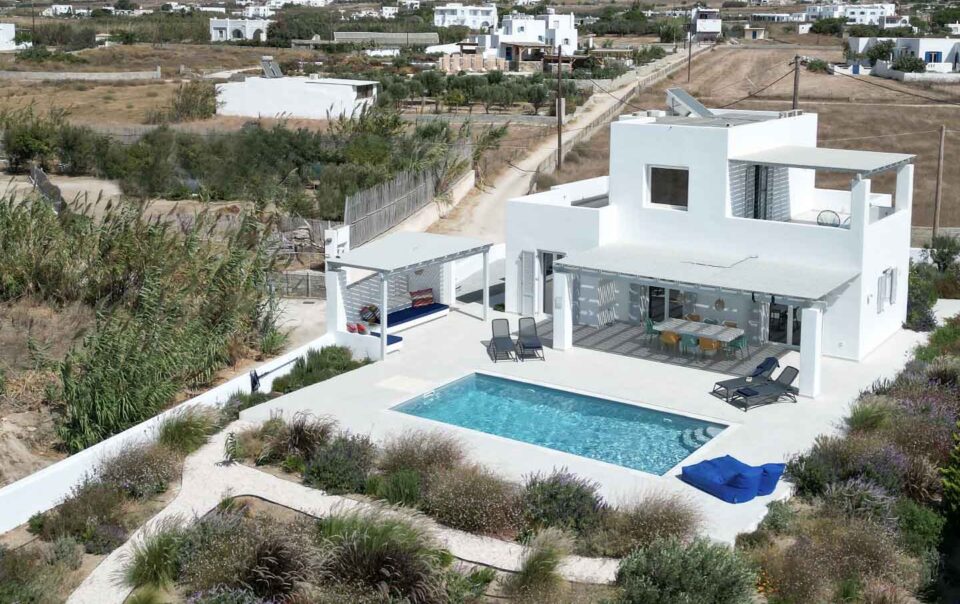 villa aura naxos gems accommodation vacation rentals villas for rent Kastraki Greece terrace lounge pool garden dining sunbeds drone view